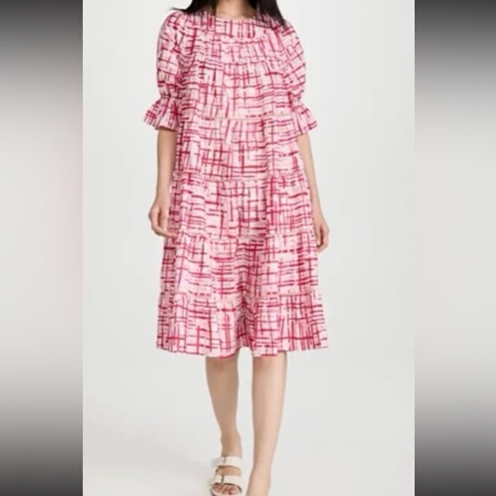 MERLETTE Women's Paradis Printed Dress, Berry Crosshatch Print S